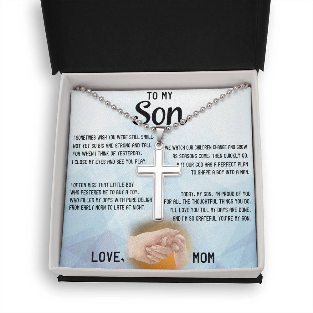CardWelry Gift for Son Stainless Cross Necklace, Today My Son I am Proud of you, Love Mom Jewelry