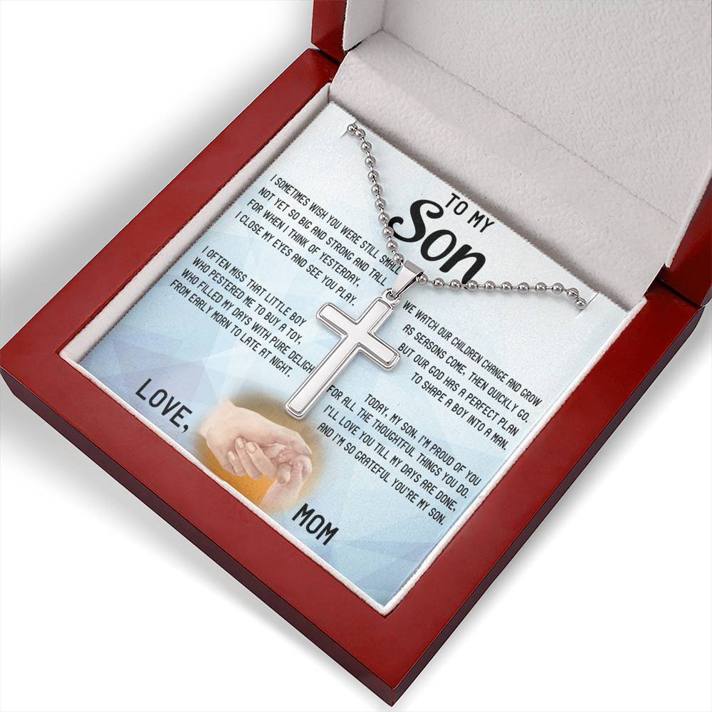 CardWelry Gift for Son Stainless Cross Necklace, Today My Son I am Proud of you, Love Mom Jewelry