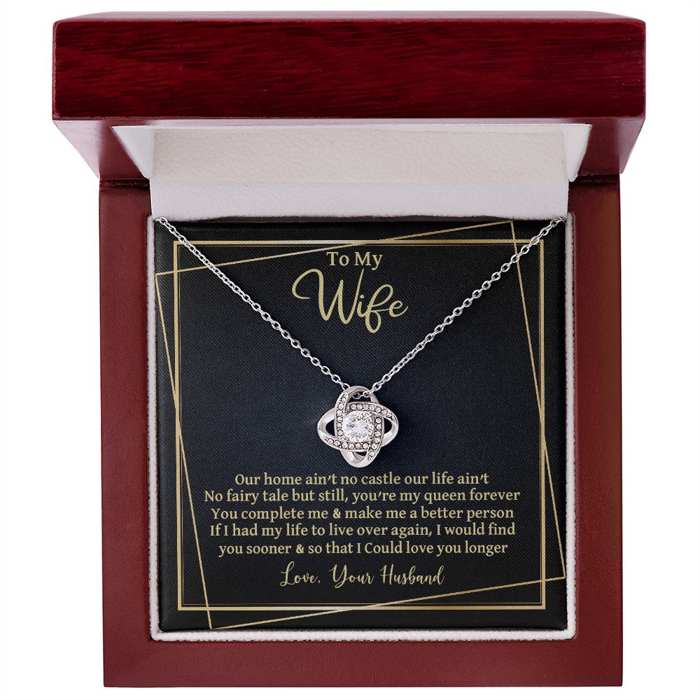 CardWelry Gift to Wife Love Knot Necklace Gift, Our Home Ain't No Castle Sentimental Gift to Wife from Husband Jewelry 14K White Gold Finish Luxury Box
