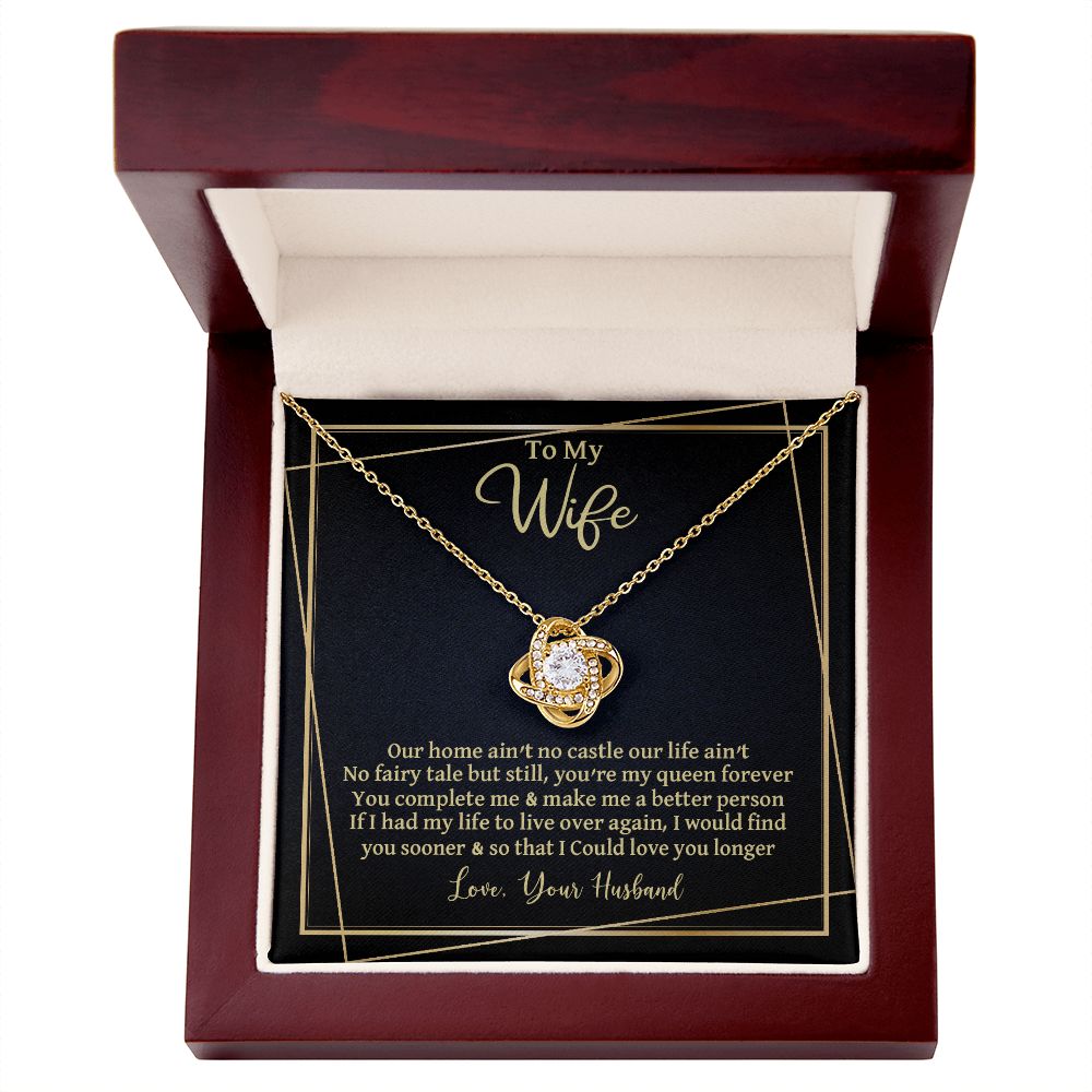 CardWelry Gift to Wife Love Knot Necklace Gift, Our Home Ain't No Castle Sentimental Gift to Wife from Husband Jewelry 18K Yellow Gold Finish Luxury Box