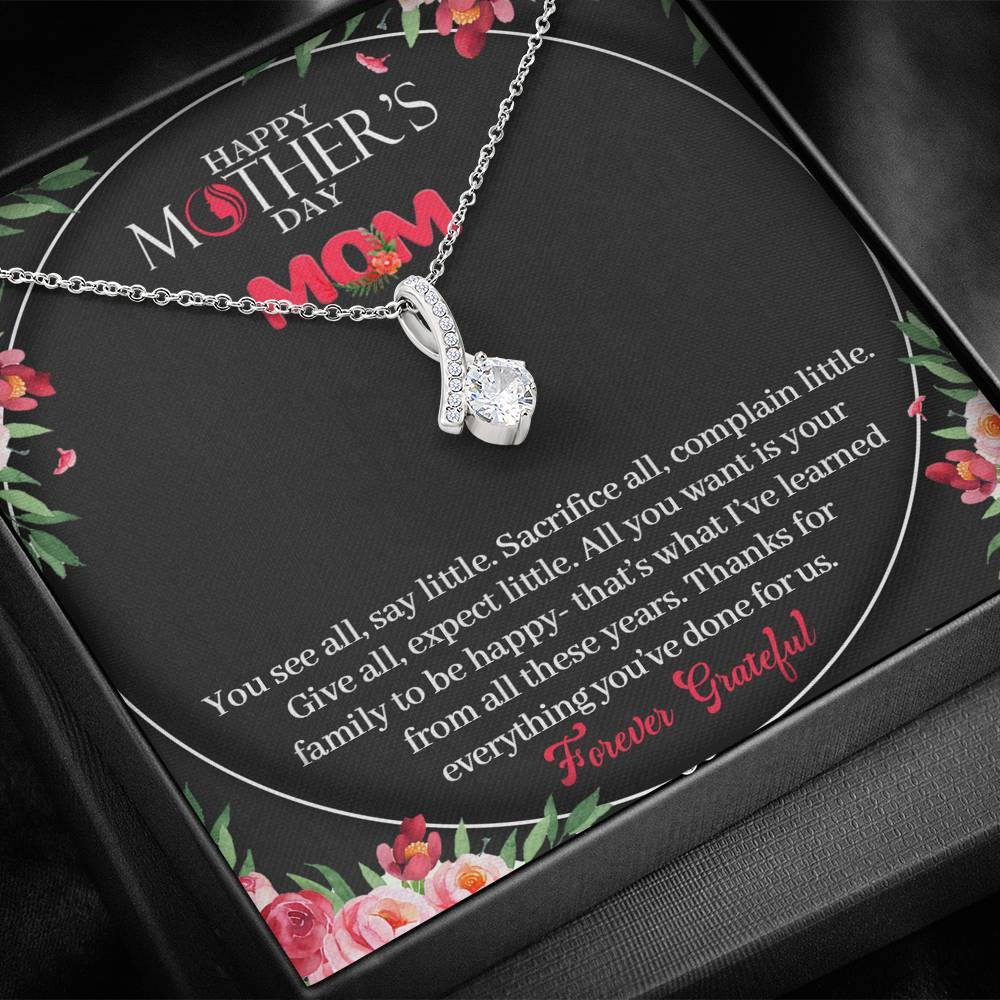 CardWelry Happy Mother's Day Mom - Forever Grateful - Alluring Beauty Ribbon Shape Pendant Necklace 7mm round cut Cubic Zirconia Jewelry