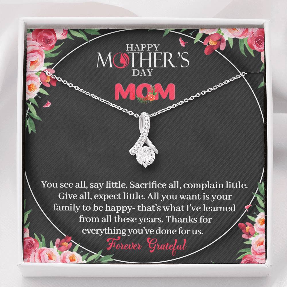 CardWelry Happy Mother's Day Mom - Forever Grateful - Alluring Beauty Ribbon Shape Pendant Necklace 7mm round cut Cubic Zirconia Jewelry Standard Box