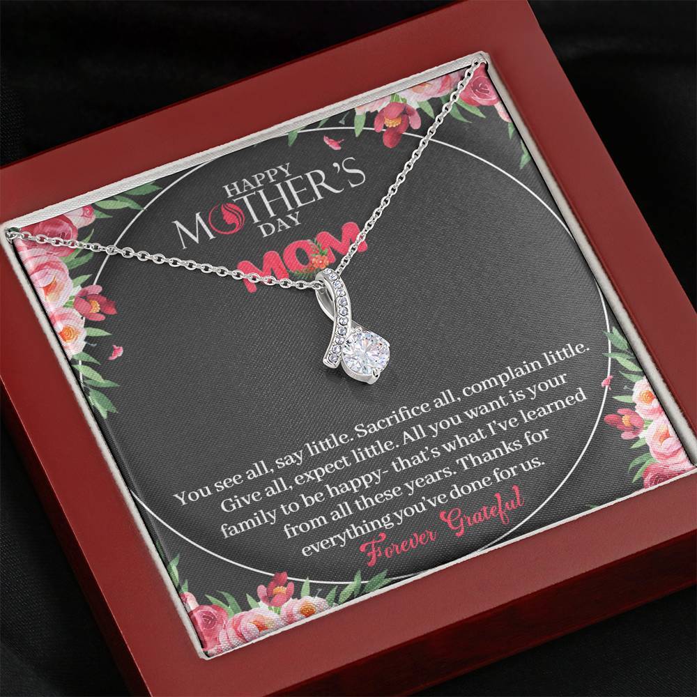 CardWelry Happy Mother's Day Mom - Forever Grateful - Alluring Beauty Ribbon Shape Pendant Necklace 7mm round cut Cubic Zirconia Jewelry Mahogany Style Luxury Box