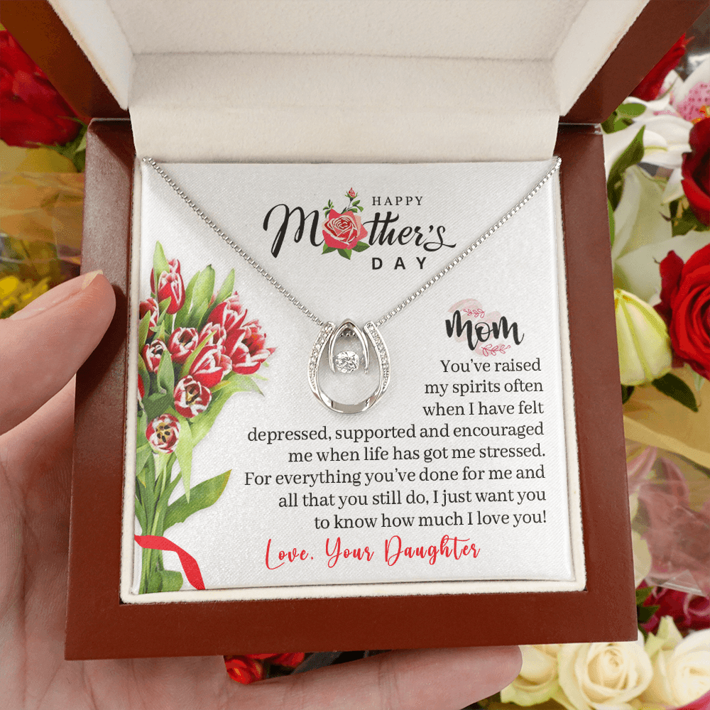 CardWelry Happy Mother's Day Mom from Daughter Message Card Necklace for Mom on Mothers Day Jewelry Mahogany Style Luxury Box with LED