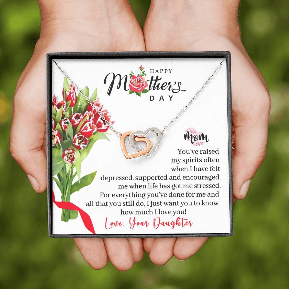CardWelry Happy Mother's Day Mom - Love, Your Daughter Exclusive Message Card with Interlocking Heart Necklace Gift Jewelry