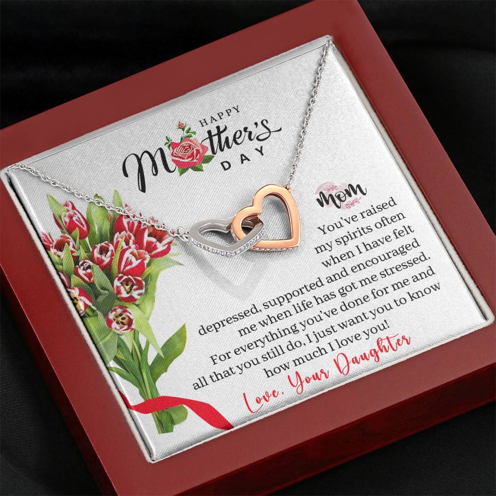 CardWelry Happy Mother's Day Mom - Love, Your Daughter Exclusive Message Card with Interlocking Heart Necklace Gift Jewelry Mahogany Style Luxury Box
