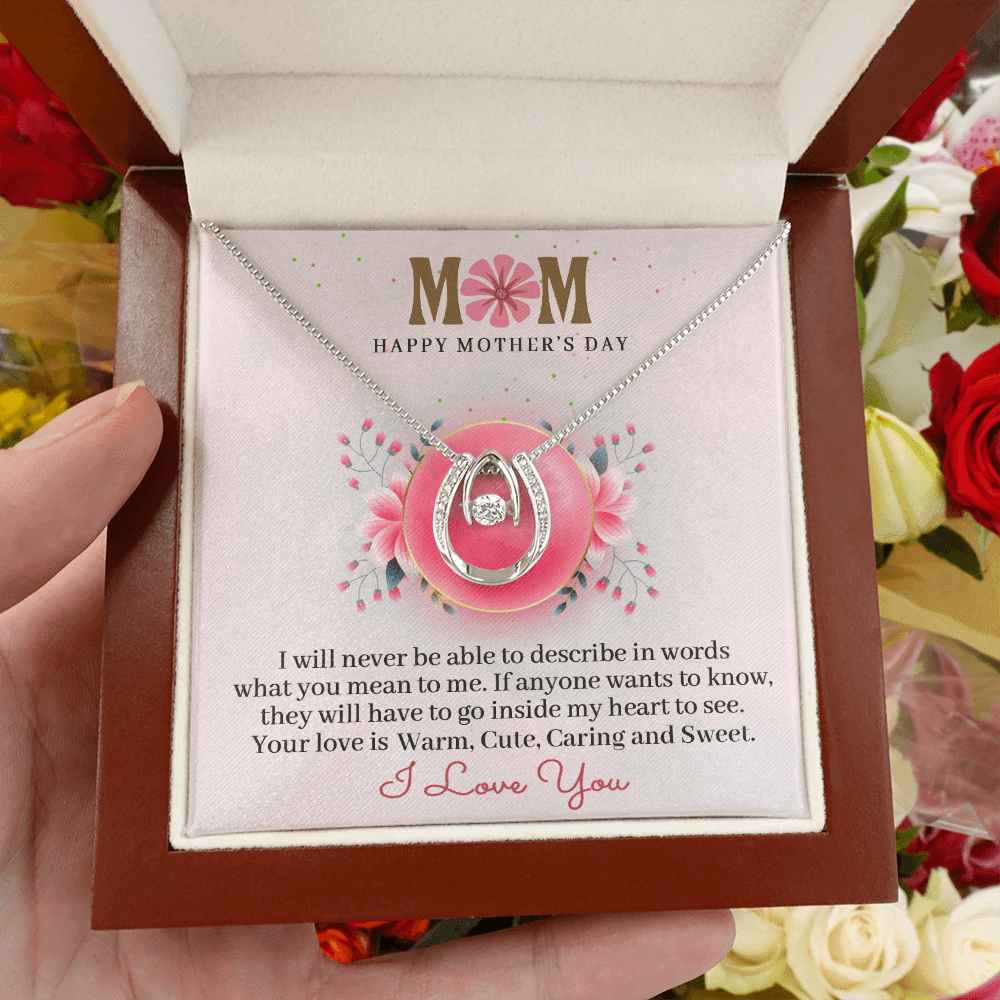 CardWelry Mom Happy Mother's Day, I Love You - Message Card Necklace for Mom on Mothers day Jewelry Mahogany Style Luxury Box with LED