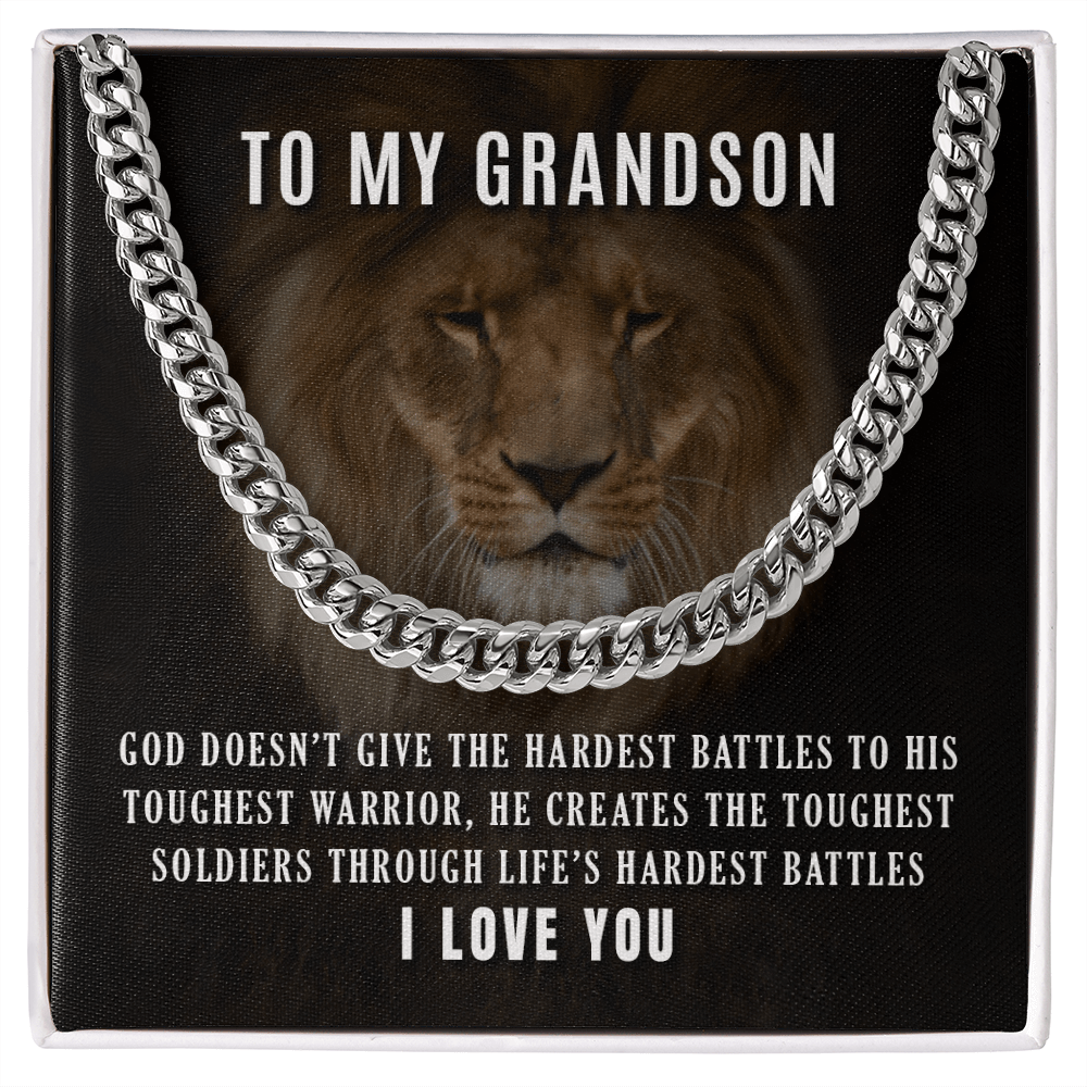 CardWelry Necklace for Grandon, To My Grandson Toughest Warrior Curb Necklace 14K White Gold 18K Yellow Gold Jewelry Stainless Steel Cuban Link Chain Standard Box