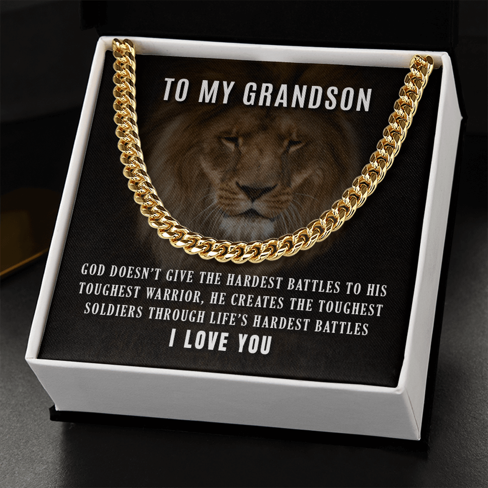 CardWelry Necklace for Grandon, To My Grandson Toughest Warrior Curb Necklace 14K White Gold 18K Yellow Gold Jewelry