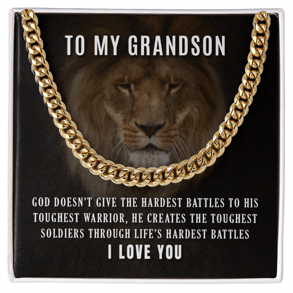 CardWelry Necklace for Grandon, To My Grandson Toughest Warrior Curb Necklace 14K White Gold 18K Yellow Gold Jewelry 14K Gold Over Stainless Steel Cuban Link Chain Standard Box