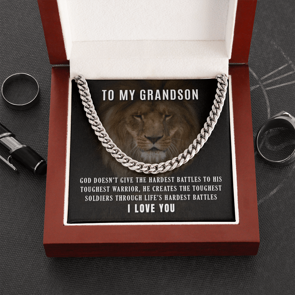 CardWelry Necklace for Grandon, To My Grandson Toughest Warrior Curb Necklace 14K White Gold 18K Yellow Gold Jewelry Stainless Steel Cuban Link Chain Luxury Box