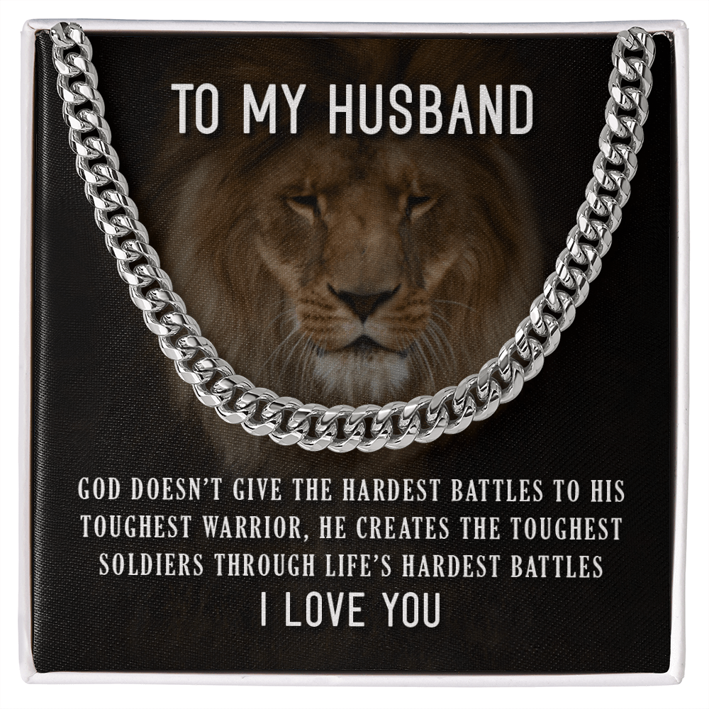 CardWelry Necklace for Husband, To My Husband Toughest Warrior Curb Necklace 14K White Gold 18K Yellow Gold Jewelry Stainless Steel Cuban Link Chain Standard Box