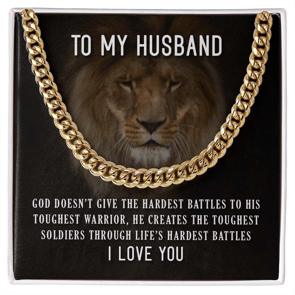 CardWelry Necklace for Husband, To My Husband Toughest Warrior Curb Necklace 14K White Gold 18K Yellow Gold Jewelry 14K Gold Over Stainless Steel Cuban Link Chain Standard Box