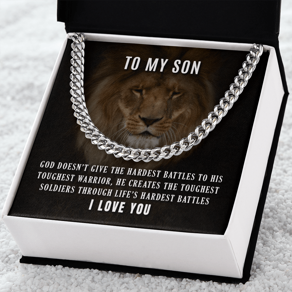 CardWelry Necklace for Son, To My Son Toughest Warrior Curb Necklace 14K White Gold 18K Yellow Gold Jewelry