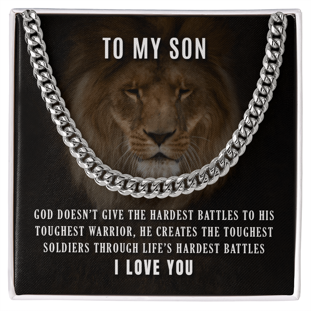 CardWelry Necklace for Son, To My Son Toughest Warrior Curb Necklace 14K White Gold 18K Yellow Gold Jewelry Stainless Steel Cuban Link Chain Standard Box