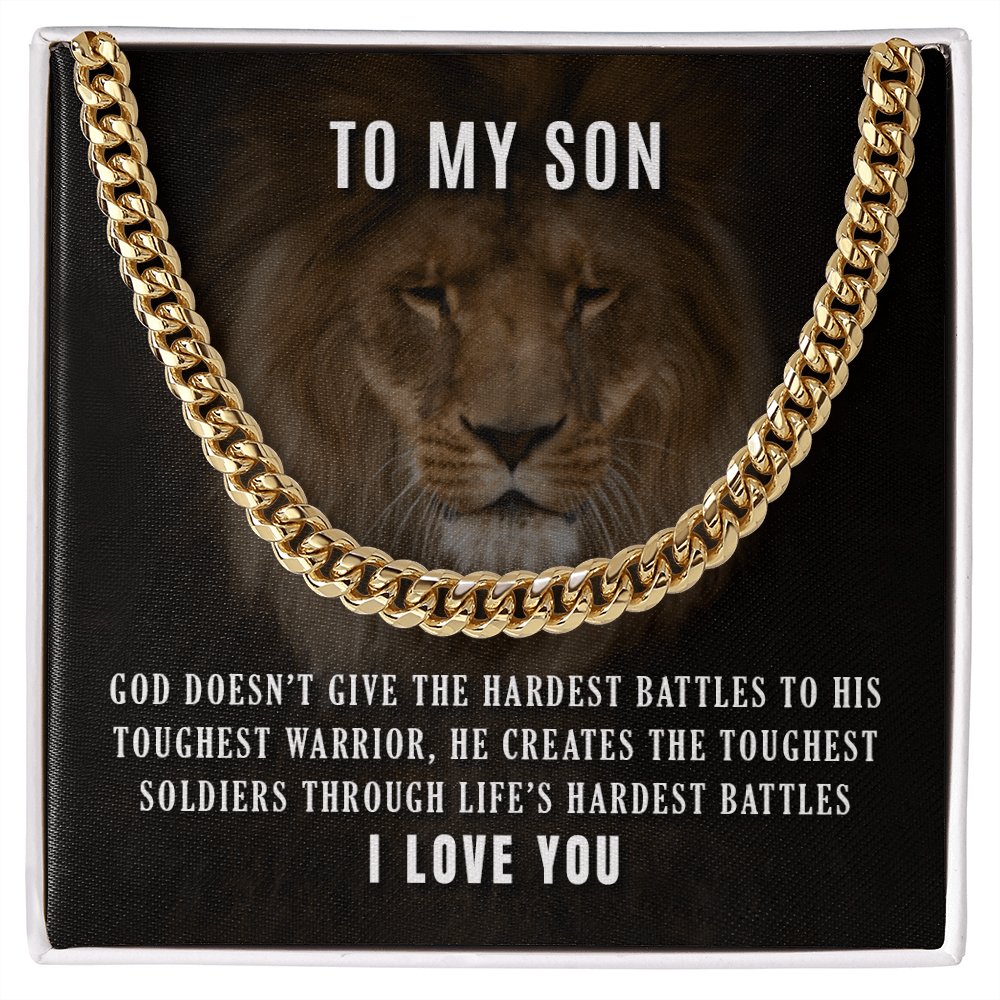 CardWelry Necklace for Son, To My Son Toughest Warrior Curb Necklace 14K White Gold 18K Yellow Gold Jewelry 14K Gold Over Stainless Steel Cuban Link Chain Standard Box