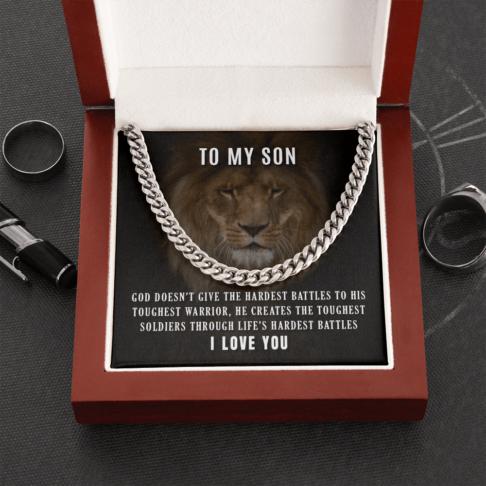 CardWelry Necklace for Son, To My Son Toughest Warrior Curb Necklace 14K White Gold 18K Yellow Gold Jewelry Stainless Steel Cuban Link Chain Luxury Box