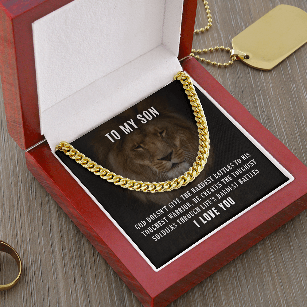 CardWelry Necklace for Son, To My Son Toughest Warrior Curb Necklace 14K White Gold 18K Yellow Gold Jewelry 14K Gold Over Stainless Steel Cuban Link Chain Luxury Box