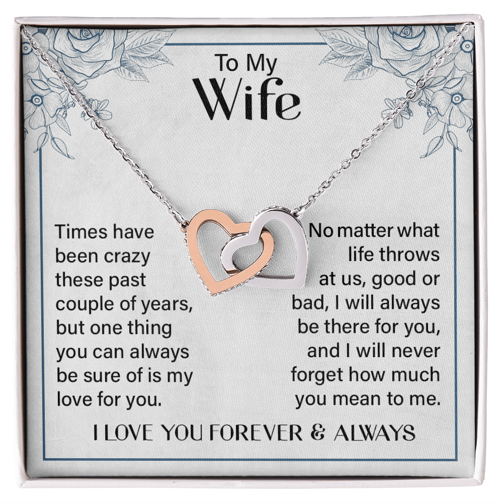 CardWelry Necklace for Wife, Interlocking Hearts Romantic Gift To My Wife - I Love You Forever & Always Jewelry Polished Stainless Steel & Rose Gold Finish Standard Box