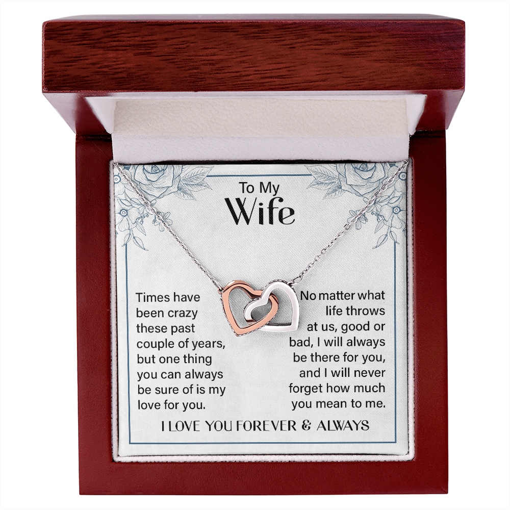 CardWelry Necklace for Wife, Interlocking Hearts Romantic Gift To My Wife - I Love You Forever & Always Jewelry Polished Stainless Steel & Rose Gold Finish Luxury Box