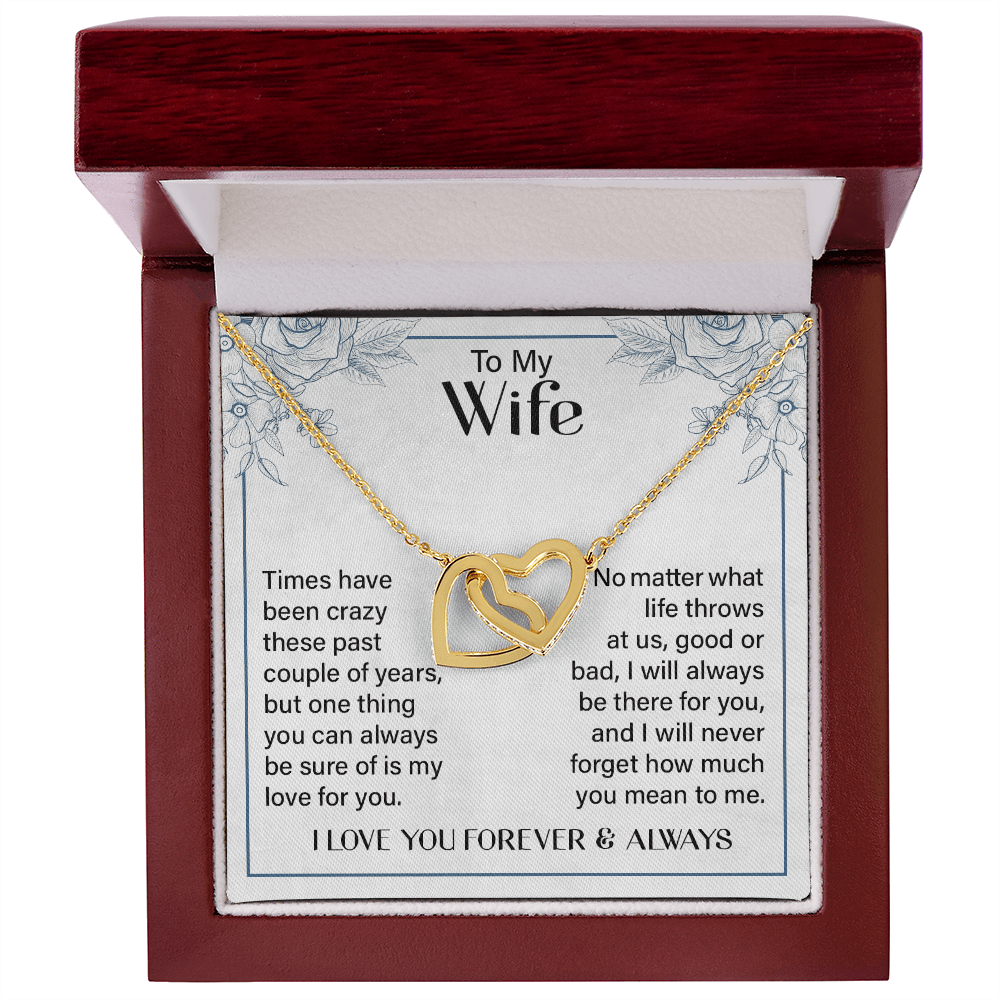 CardWelry Necklace for Wife, Interlocking Hearts Romantic Gift To My Wife - I Love You Forever & Always Jewelry 18K Yellow Gold Finish Luxury Box