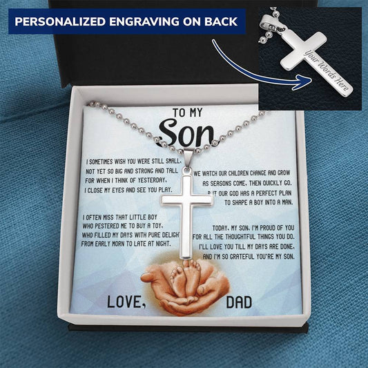 CardWelry Personalized Gift for Son from Dad, Stainless Cross Necklace, Today My Son I am Proud of you, Love Dad Message Card Jewelry Standard Box