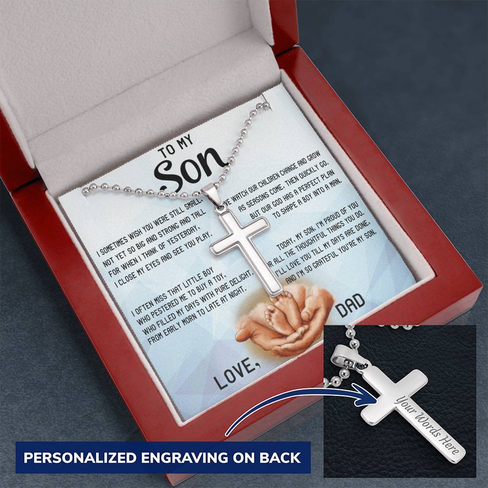 CardWelry Personalized Gift for Son from Dad, Stainless Cross Necklace, Today My Son I am Proud of you, Love Dad Message Card Jewelry Mahogany Style Luxury Box