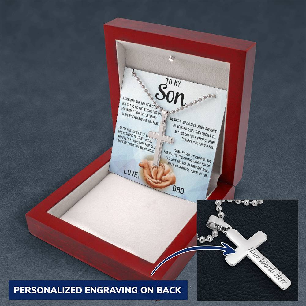 CardWelry Personalized Gift for Son from Dad, Stainless Cross Necklace, Today My Son I am Proud of you, Love Dad Message Card Jewelry