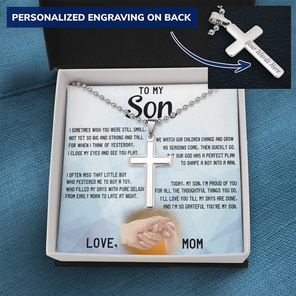 CardWelry Personalized Gift for Son Stainless Cross Necklace, Today My Son I am Proud of you, Love Mom Message Card Jewelry Standard Box