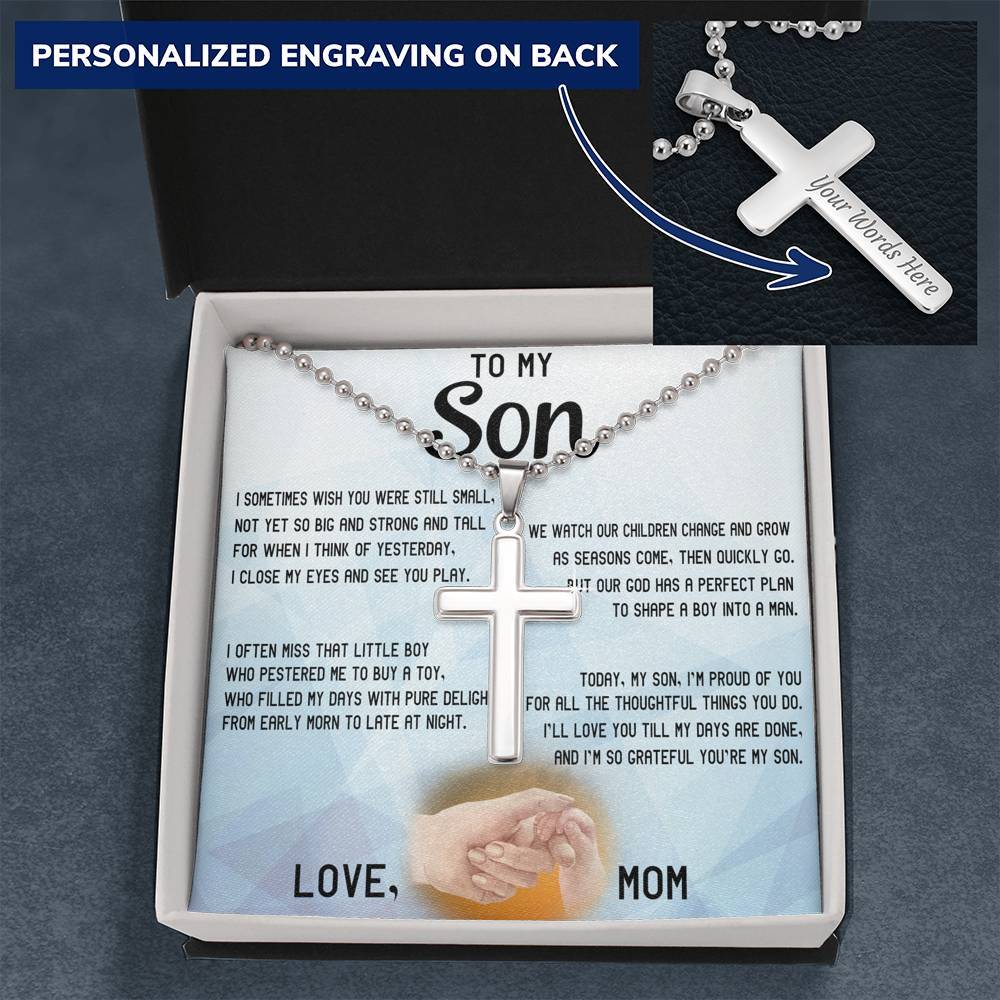 CardWelry Personalized Gift for Son Stainless Cross Necklace, Today My Son I am Proud of you, Love Mom Message Card Jewelry