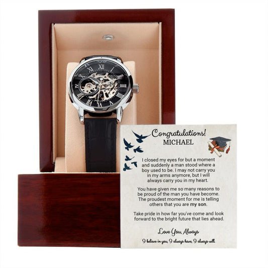 CardWelry Personalized Graduation Gift for Son, Graduation Watch Gifts for Him Customizer Open Work Watch