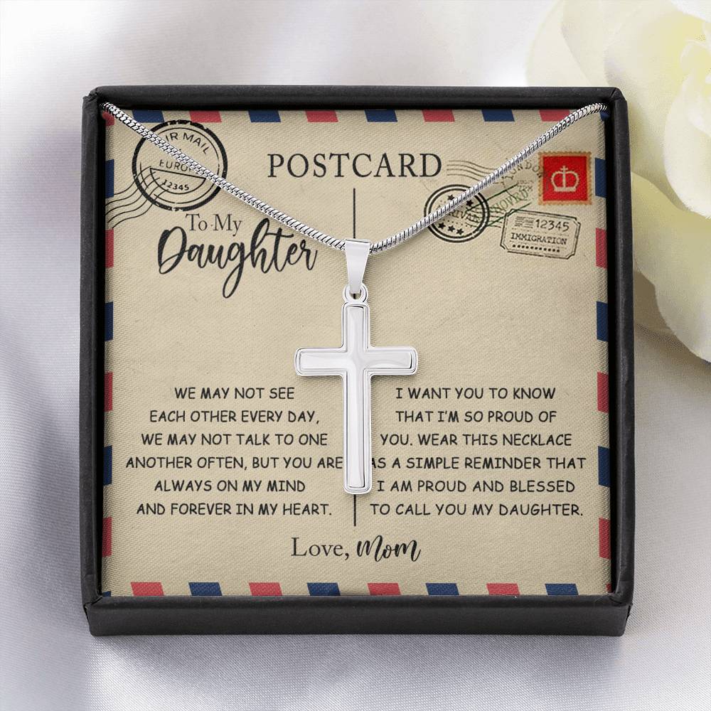 CardWelry Postcard To My Daughter Cross Necklace Gift from Mom Jewelry Standard Box