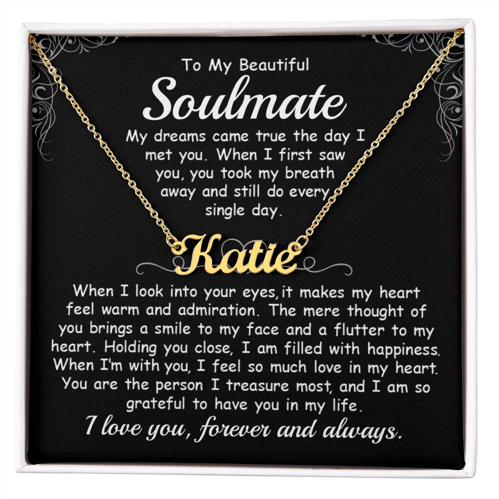 CardWelry Soulmate Name Necklace Gifts, My Dreams Came True The Day I Met You, Gift for Her from Husband, from Fiancée, from Boyfriend Jewelry 18k Yellow Gold Finish Standard Box