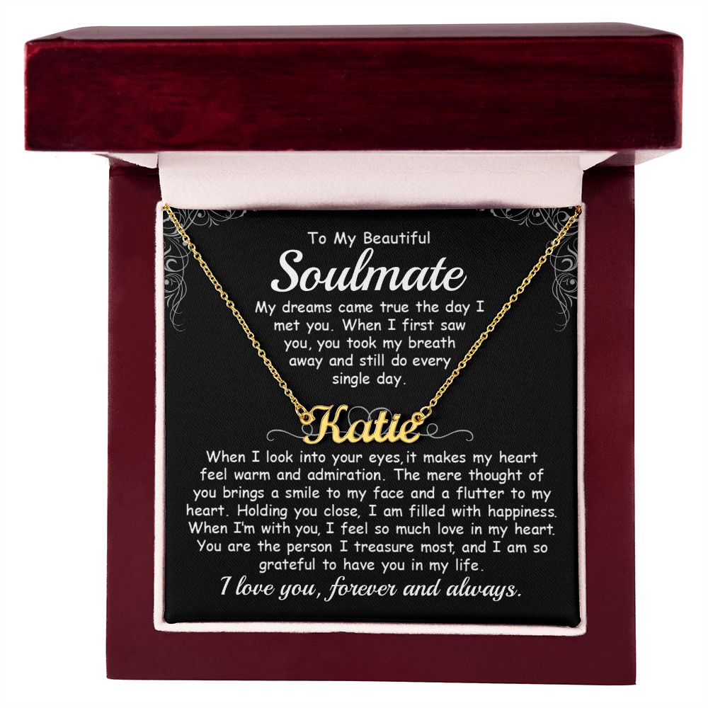 CardWelry Soulmate Name Necklace Gifts, My Dreams Came True The Day I Met You, Gift for Her from Husband, from Fiancée, from Boyfriend Jewelry 18k Yellow Gold Finish Luxury Box