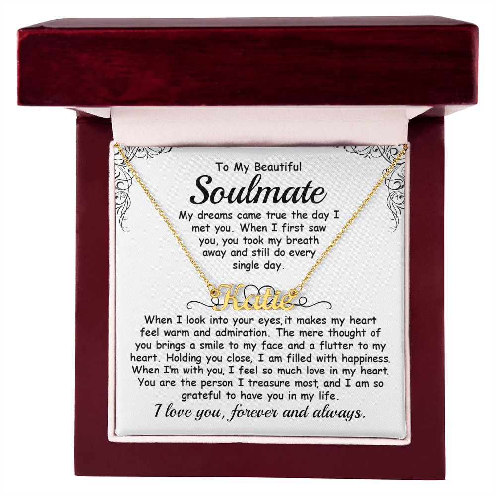 CardWelry Soulmate Name Necklace Gifts, My Dreams Came True The Day I Met You, Gift for Her from Husband, from Fiancée, from Boyfriend Jewelry 18k Yellow Gold Finish Luxury Box
