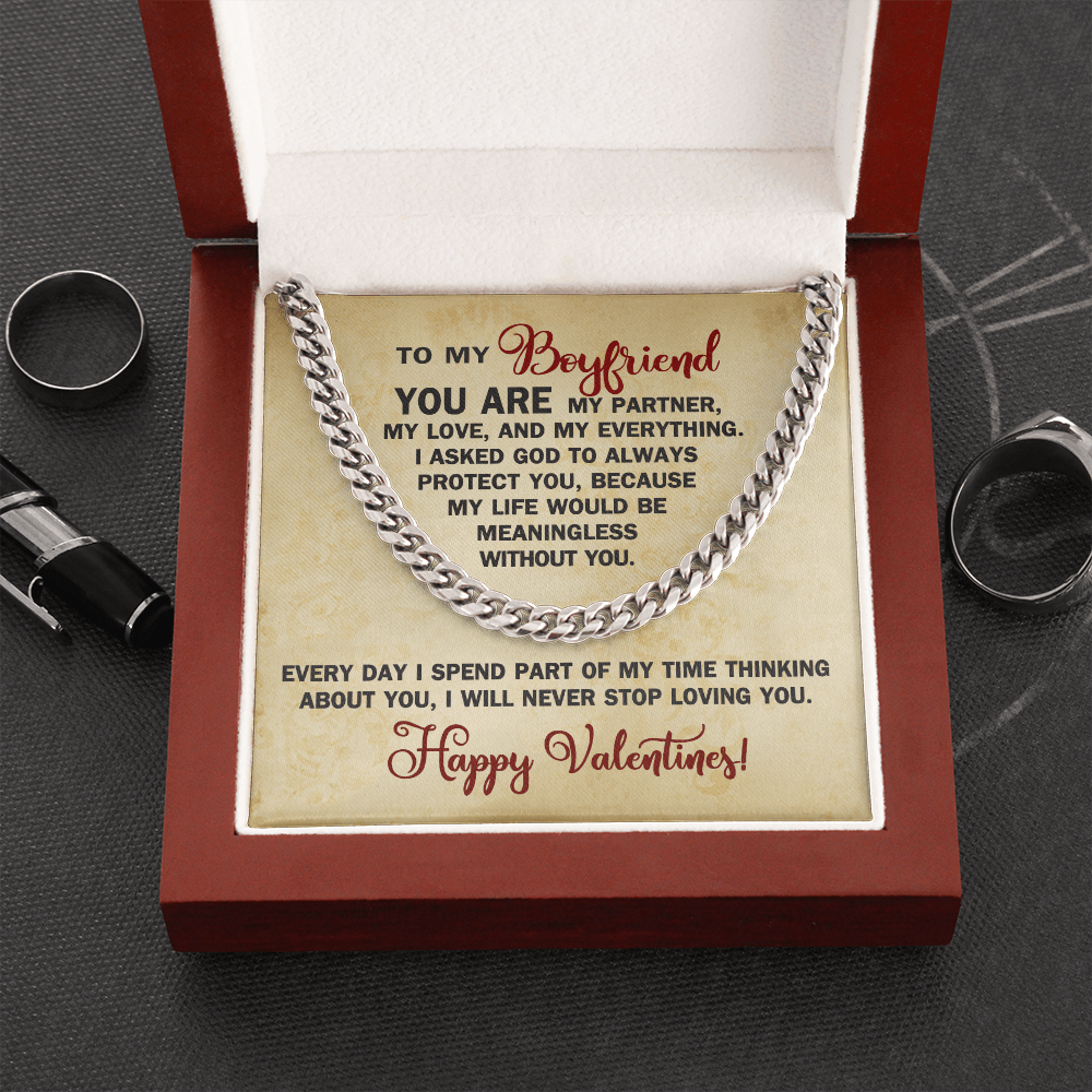 CardWelry To My Boyfriend Valentine Gift from Girlfriend, Romantic Valentine Card with Necklace for Him Jewelry Cuban Link Chain (Stainless Steel)