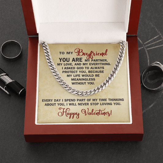 CardWelry To My Boyfriend Valentine Gift from Girlfriend, Romantic Valentine Card with Necklace for Him Jewelry Cuban Link Chain (Stainless Steel)