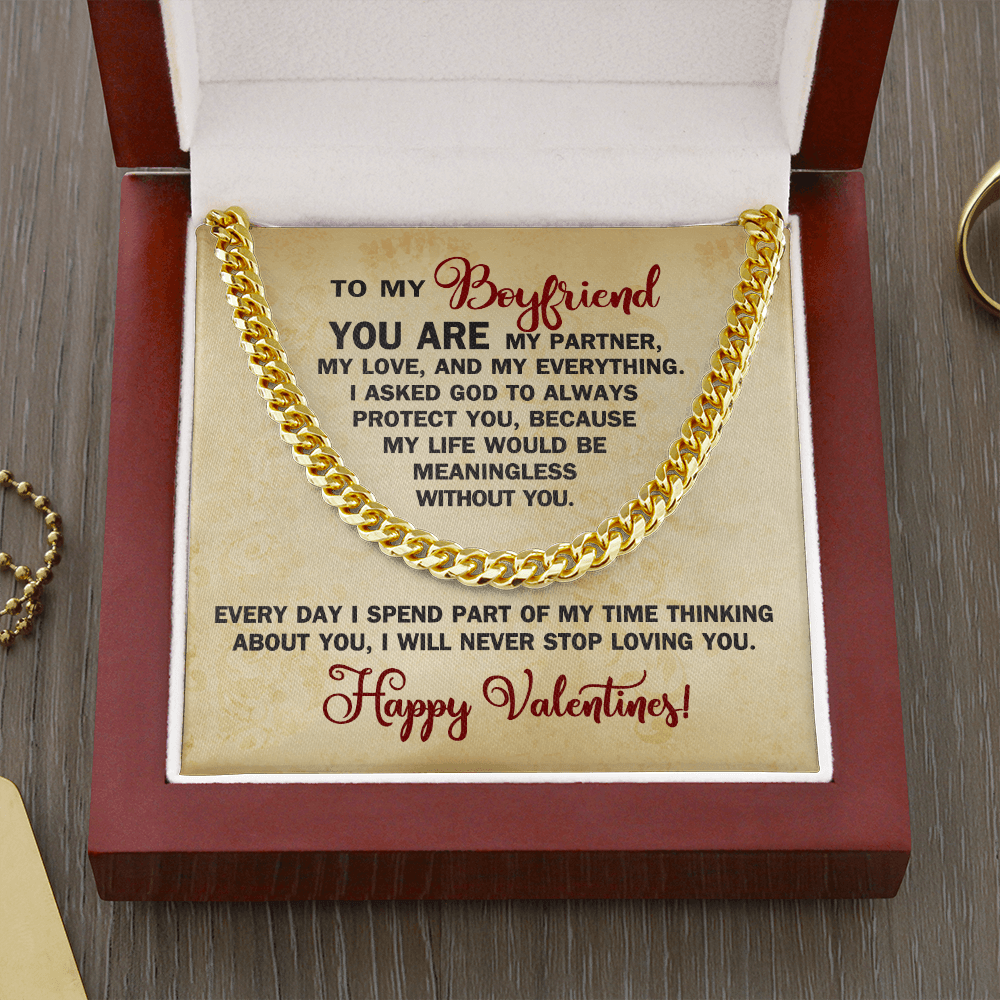 CardWelry To My Boyfriend Valentine Gift from Girlfriend, Romantic Valentine Card with Necklace for Him Jewelry Cuban Link Chain (14K Gold Over Stainless Steel)