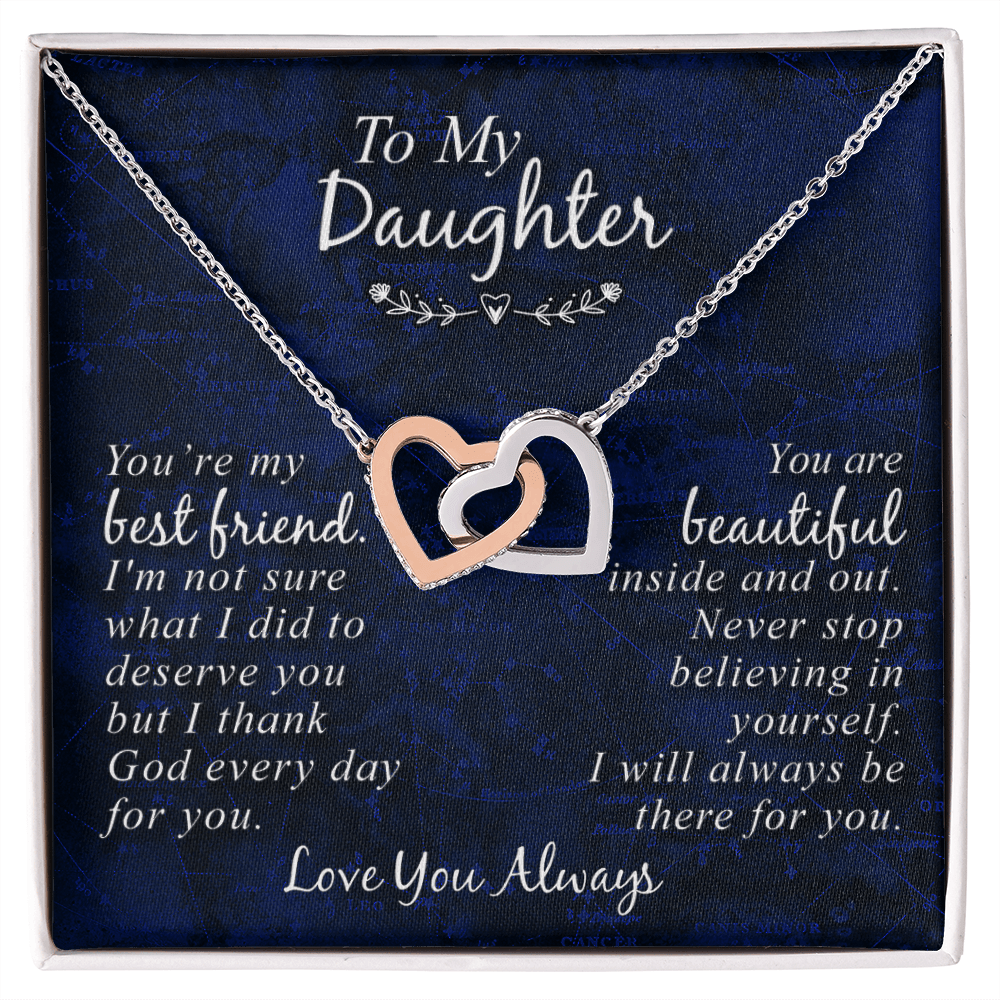 CardWelry To My Daughter You're my Best Friend You are Beautiful Interlocking Heart Necklace Jewelry Polished Stainless Steel & Rose Gold Finish Standard Box
