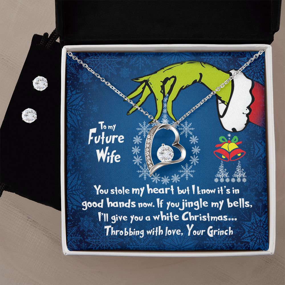CardWelry To My Future Wife Necklace, Funny Grinch You Stole My Heart Christmas Card Gift for Fiancé Jewelry 14k White Gold Finish Standard Box