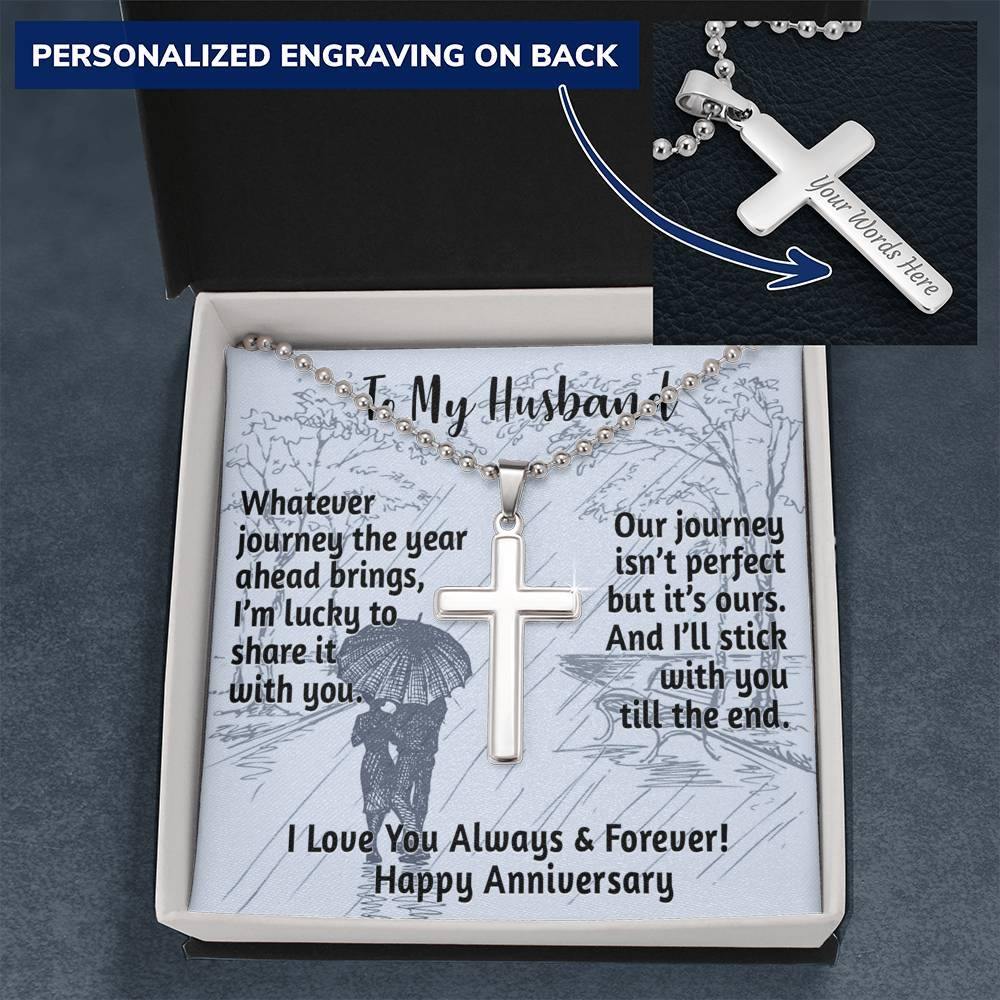 CardWelry To My Husband, Happy Anniversary Personalized Cross Necklace Jewelry Standard Box