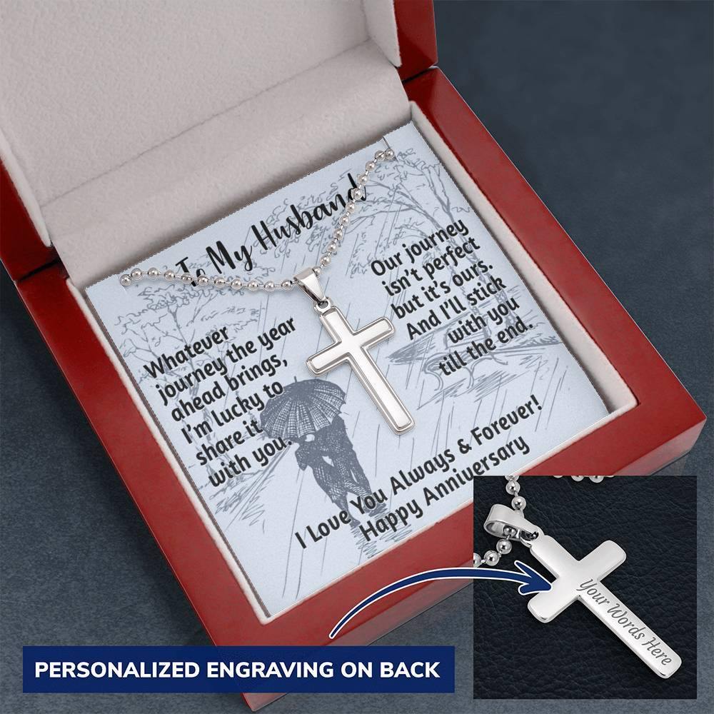 CardWelry To My Husband, Happy Anniversary Personalized Cross Necklace Jewelry Mahogany Style Luxury Box