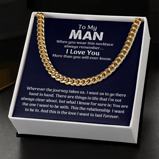 CardWelry To My Man Cuban Chain Necklace for Him, Romantic Birthday Gifts Anniversary Gifts for Him Jewelry 14K Gold Over Stainless Steel Cuban Link Chain Standard Box
