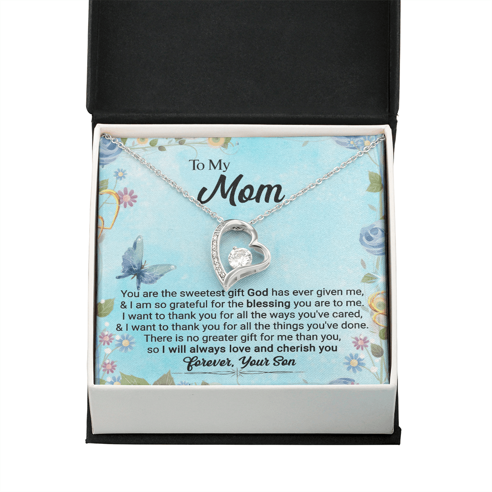 CardWelry To My Mom, You Are The Sweetest Gift God Has Ever Given Me, Love Always, Your Son - Forever Love Necklace Jewelry 14k White Gold Finish Standard Box