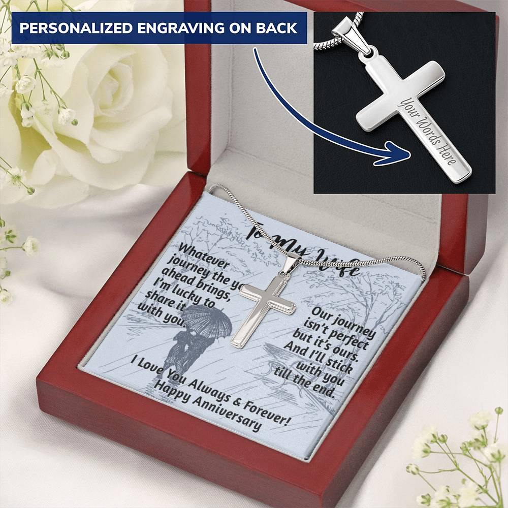 CardWelry To My Wife, Happy Anniversary Personalized Cross Necklace Jewelry Mahogany Style Luxury Box