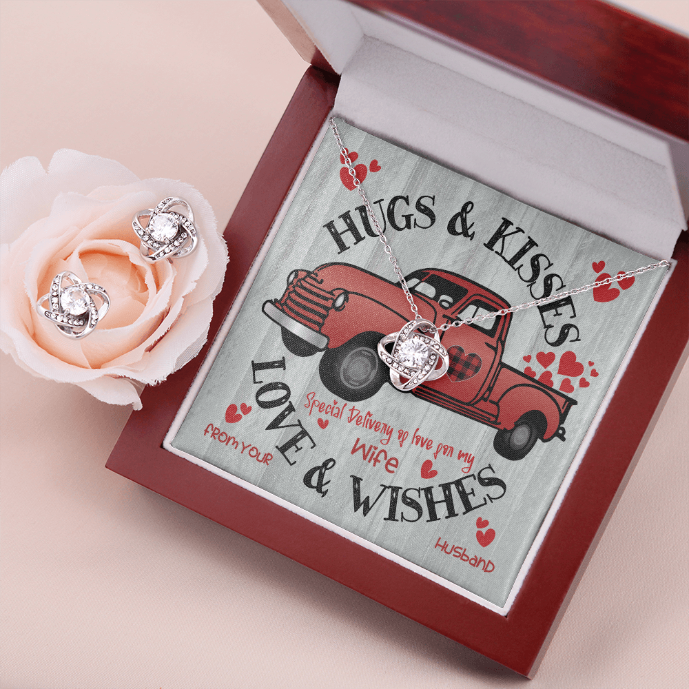 CardWelry Valentines Gifts for Wife, Hugs & Kisses Love & wishes Valentine Card with Gorgeous Earing and Necklace Gift Set from Husband to Wife Jewelry Mahogany Style Luxury Box