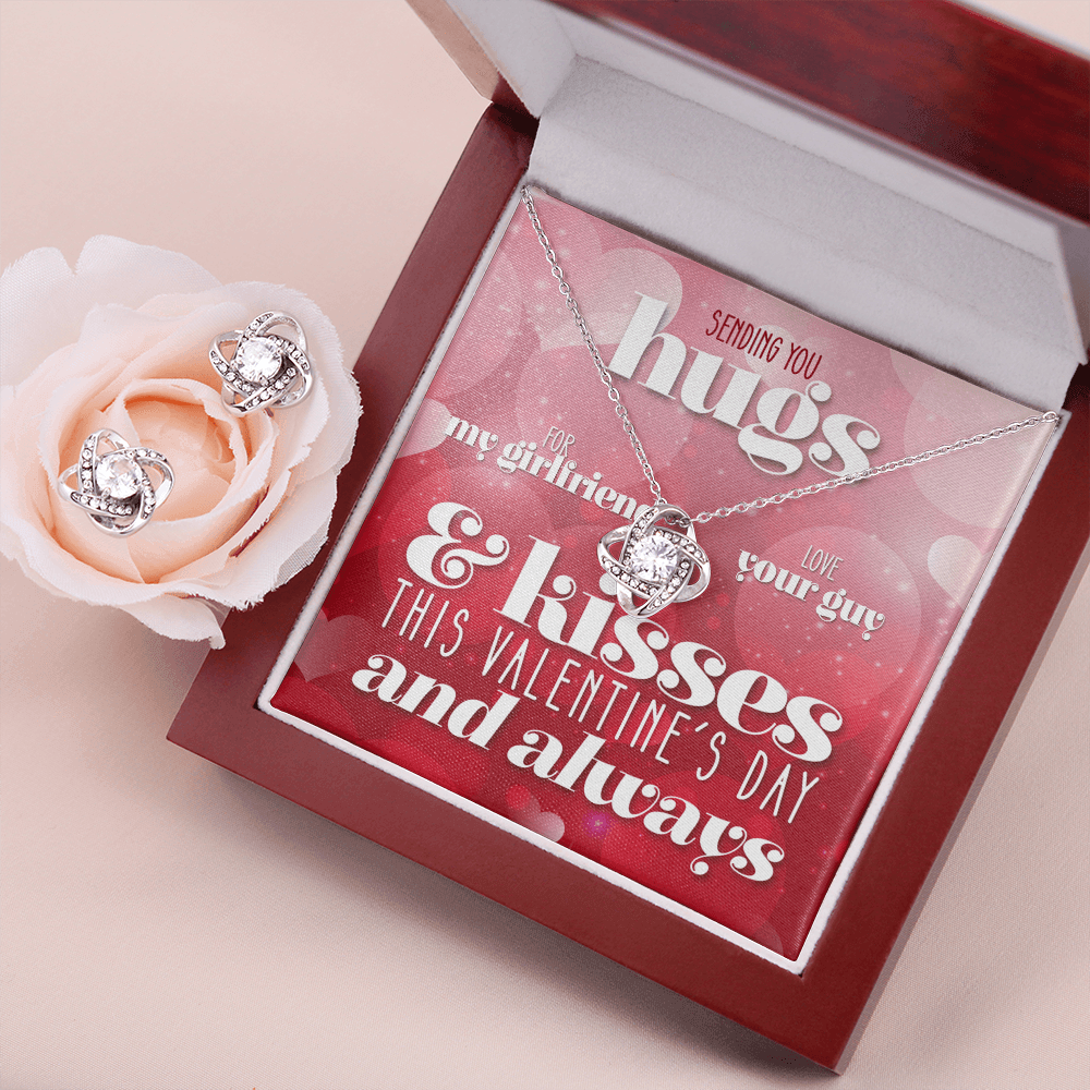 CardWelry Valentines Gifts To Girlfriend, Sending Hugs and Kisses Card with Gorgeous Earing and Necklace Gift Set for Girlfriend Jewelry Mahogany Style Luxury Box